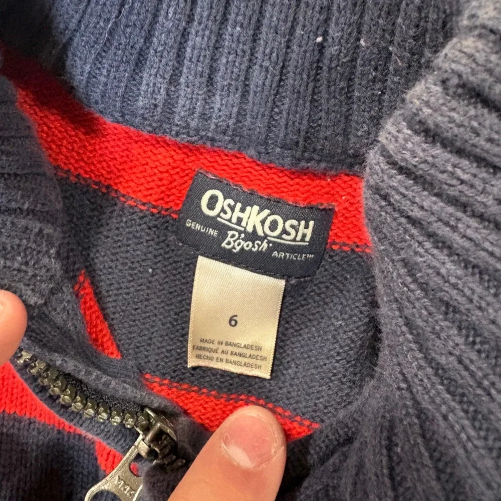 OshKosh Bgosh Boys Red Navy Blue Striped Quarter Zip Mock Neck Sweater Size 6